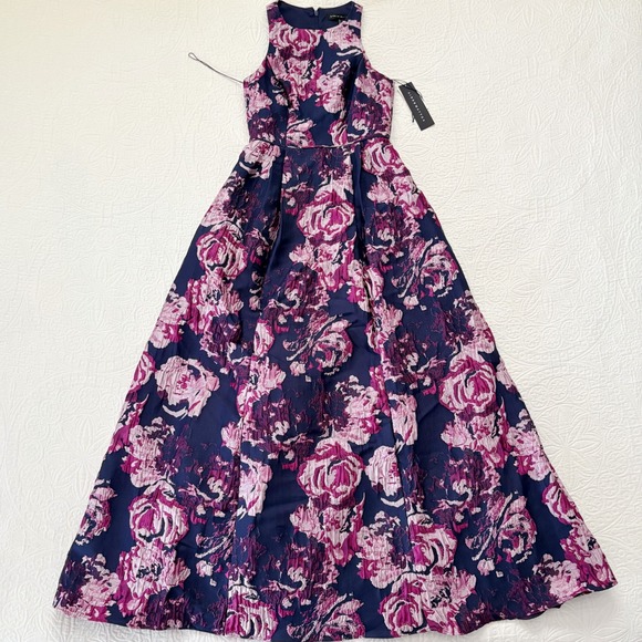 $440‎ AIDAN MATTOX Brocade Gown with Pleats Eggplant